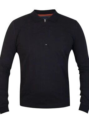 Guide London Black Solid Jersey Knit Front Zip Long Sleeve Polo